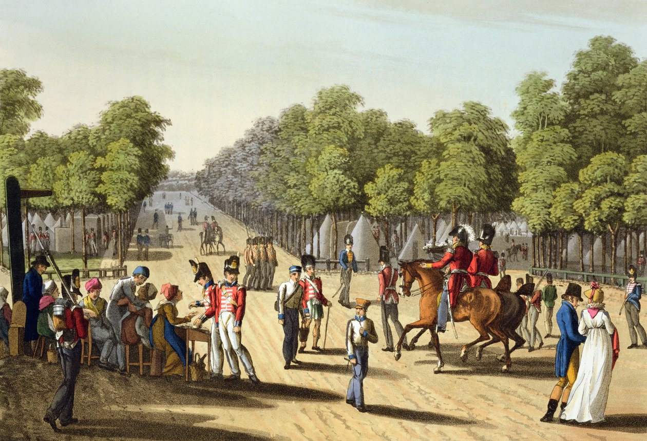 معسكر للجيش البريطاني في بوا دي بولون ، 1815 ، منقوش من قبل ماثيو دوبورج (fl.1813-20) من "الحكايات التاريخية والعسكرية والبحرية" ، الحانة. بواسطة إدوارد أورم (1774-ج 1820) 1817 (أكواتينت) بواسطة فرانز جوزيف مانسكيرتش