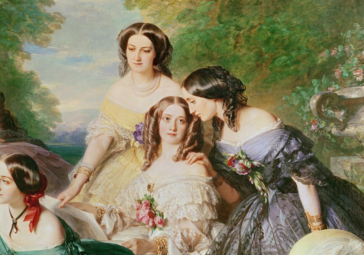 الإمبراطورة أوجيني 1826-1920 وسيداتها في الانتظار ، تفاصيل بارون دي مالاريت ، ني ناتالي دي سيغور فستان أصفر ، فستان أبيض ماركيز دي لاس ماريزماس الأبيض وماركيز دي لا تور موبورج وماركو بواسطة فرانز كزافييه وينترهالتر