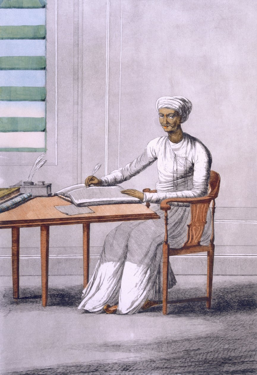 A causto (clerkscribe) ، من "الهندوس أو وصف عاداتهم واحتفالاتهم" ، حانة. 1808-12 (النقش الملون) بواسطة فرانز بالتازار سولفينز