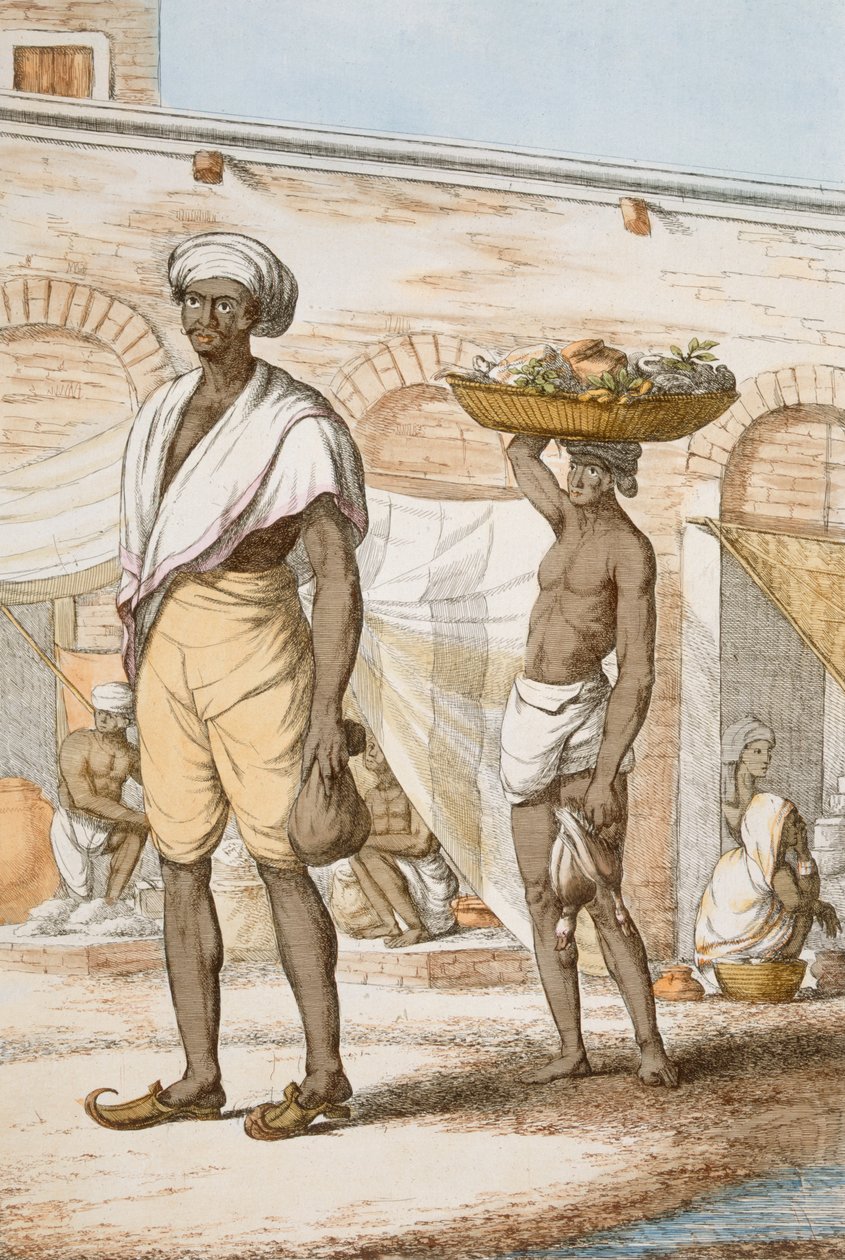 خادم هندوسي أو مشتري طعام ، من كتاب "الهندوس ، أو وصف آدابهم وأزيائهم واحتفالاتهم" ، ص 1808-12 (نقش ملون) بواسطة فرانز بالتازار سولفينز