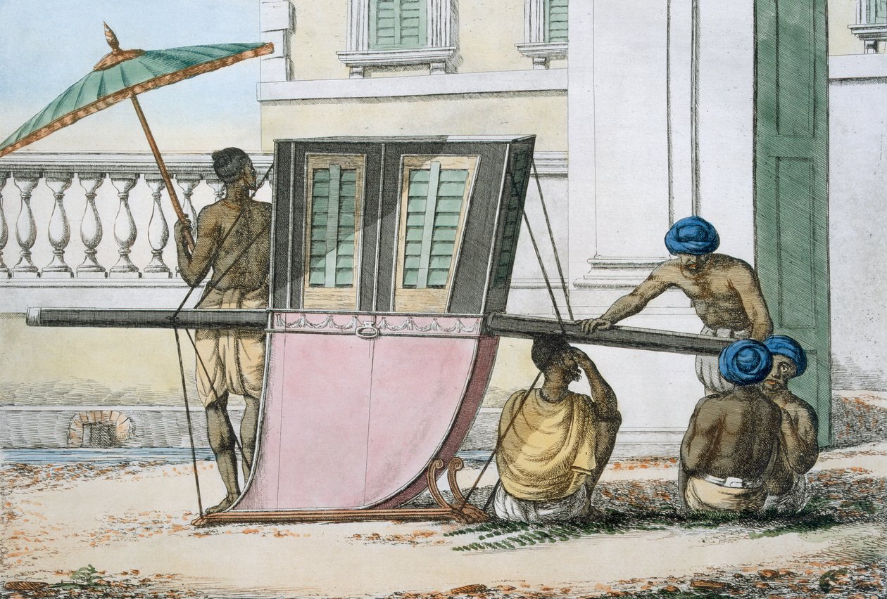 مقعد Palanquin ، من "آداب وعادات وفسات الهندوس" ، 1799 (النقش الملون) بواسطة فرانز بالتازار سولفينز