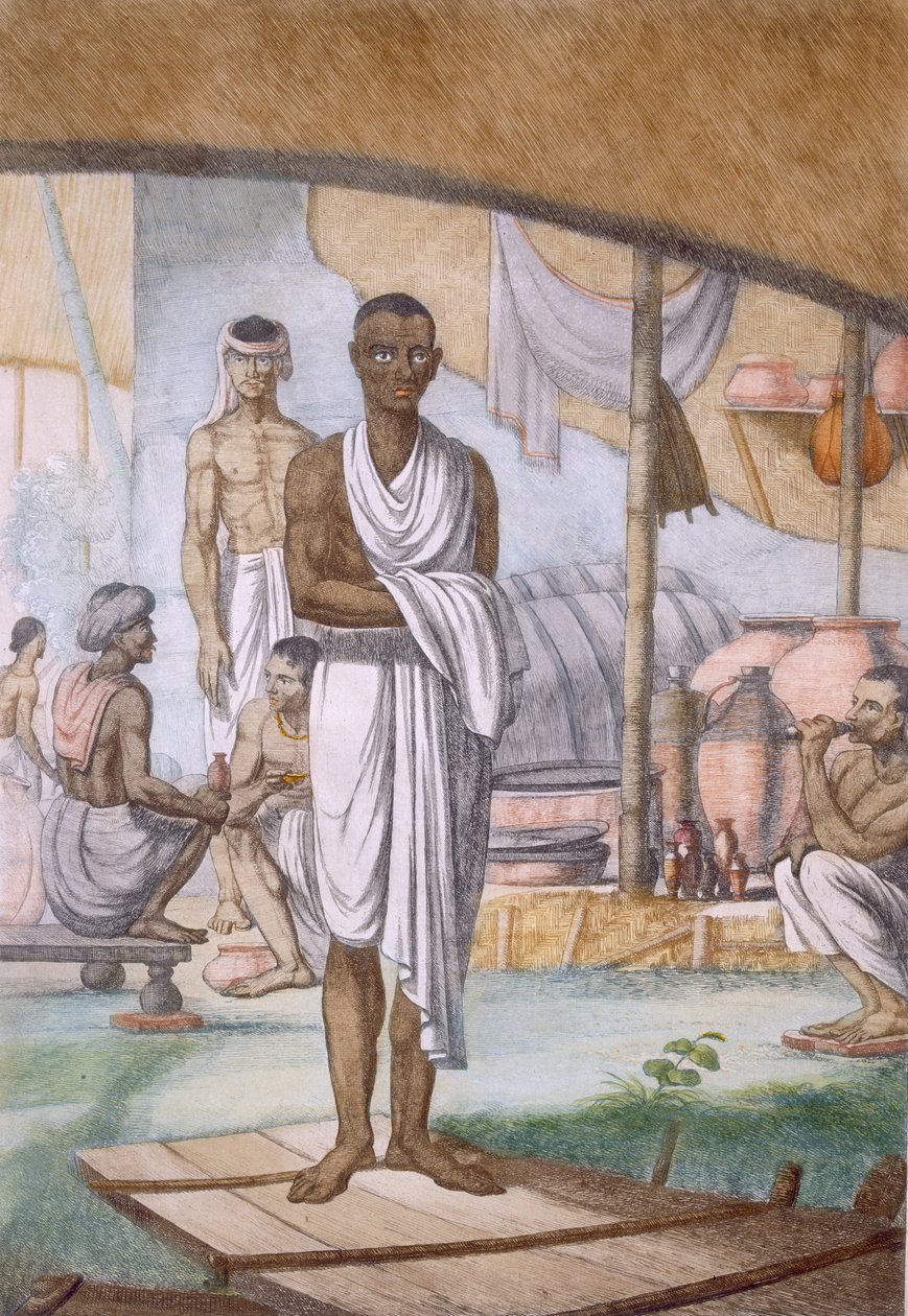 صانع النبيذ وتاجره ، من كتاب "الهندوس ، أو وصف آدابهم وأزيائهم واحتفالاتهم" ، ص1808-12 (نقش ملون) بواسطة فرانز بالتازار سولفينز