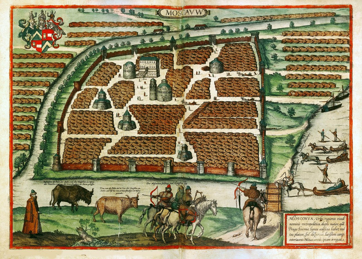 خريطة موسكو (روسيا) - عمل فرانس هوغنبرغ (1535-1590) ، نقش وألوان مائية مستخرجة من Civitates orbis terrarium بواسطة فرانز هوجينبرغ