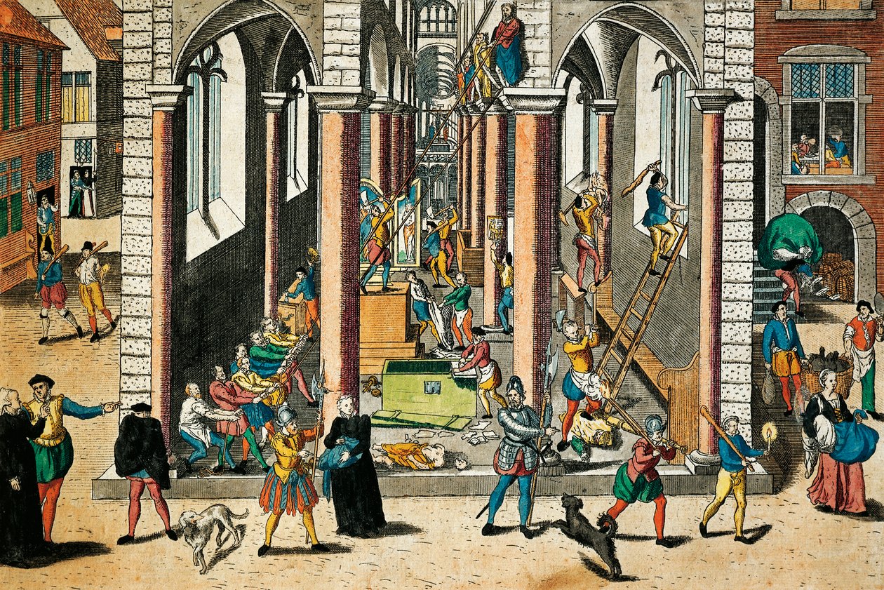 تدمير الآثار والتماثيل في الكنائس ، أبريل 1566 ، نقش فرانز هوغنبرغ (1535 - 1590) ، الحروب الدينية ، فرنسا بواسطة فرانز هوجينبرغ