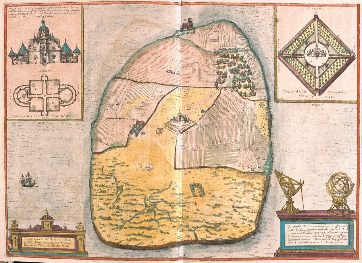 Isle of Ven و Uranienborg ، قصر ومرصد Tycho Brahe الواقع على هذه الجزيرة ، في Sund (نقش بواسطة فرانز هوجينبرغ