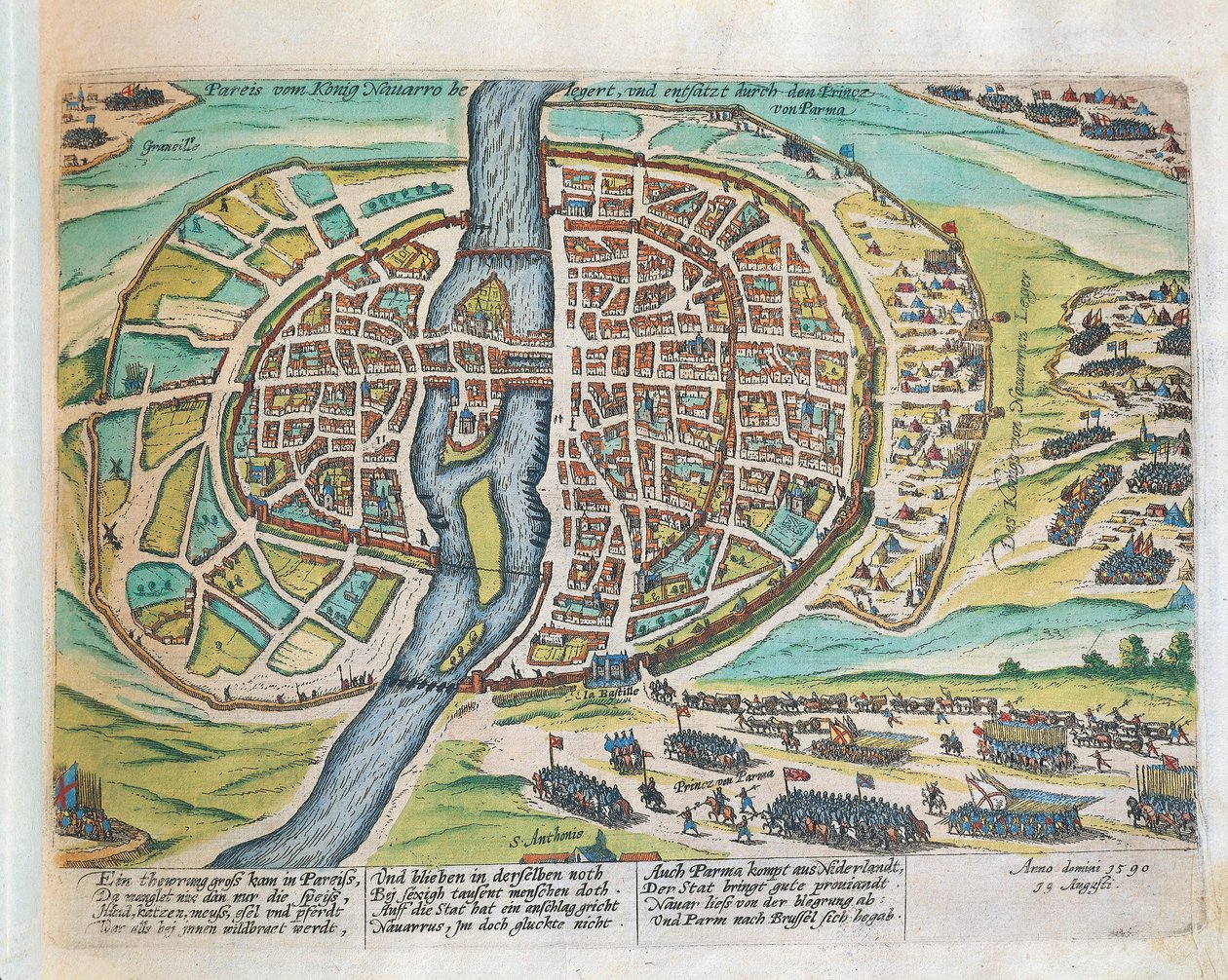 الملك هنري نافارا يحاصر باريس ، أغسطس 1590 ، بواسطة فرانز هوغنبرغ ، نقش بواسطة فرانز هوجينبرغ
