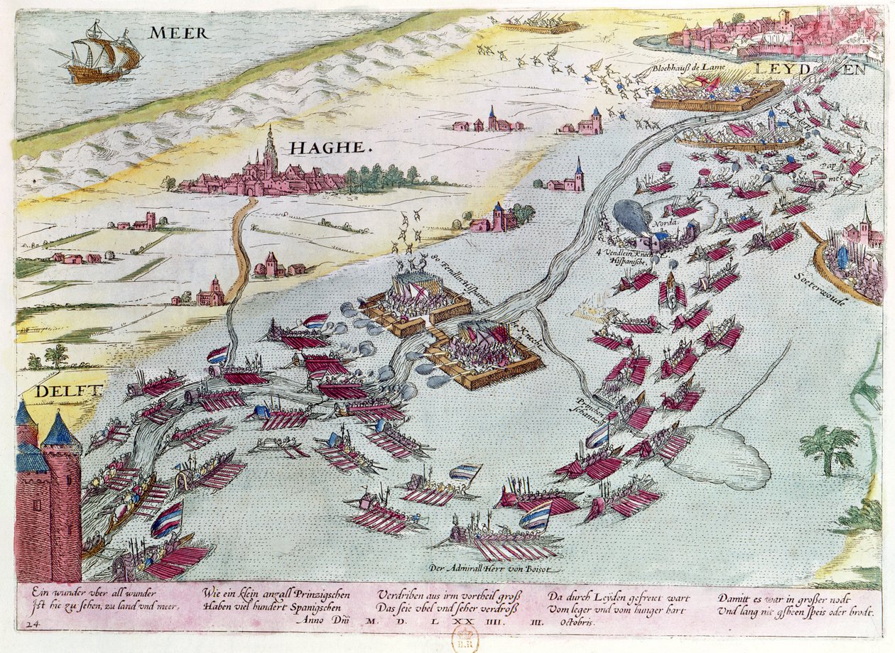 القتال البحري قبالة ساحل لاهاي البحرية بين المتسولين من البحر والإسبان عام 1573 (النقش الملون) بواسطة فرانز هوجينبرغ