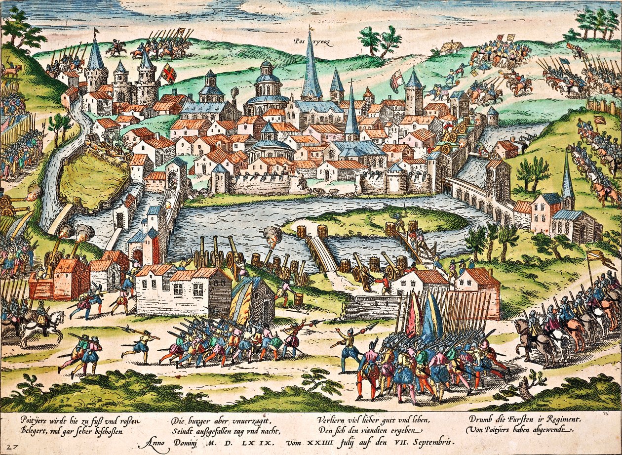البابويون يحاصرون بواتييه ، يوليو 1569 ، نقش فرانز هوغنبرغ (1535-1590) ، حروب الدين ، فرنسا بواسطة فرانز هوجينبرغ