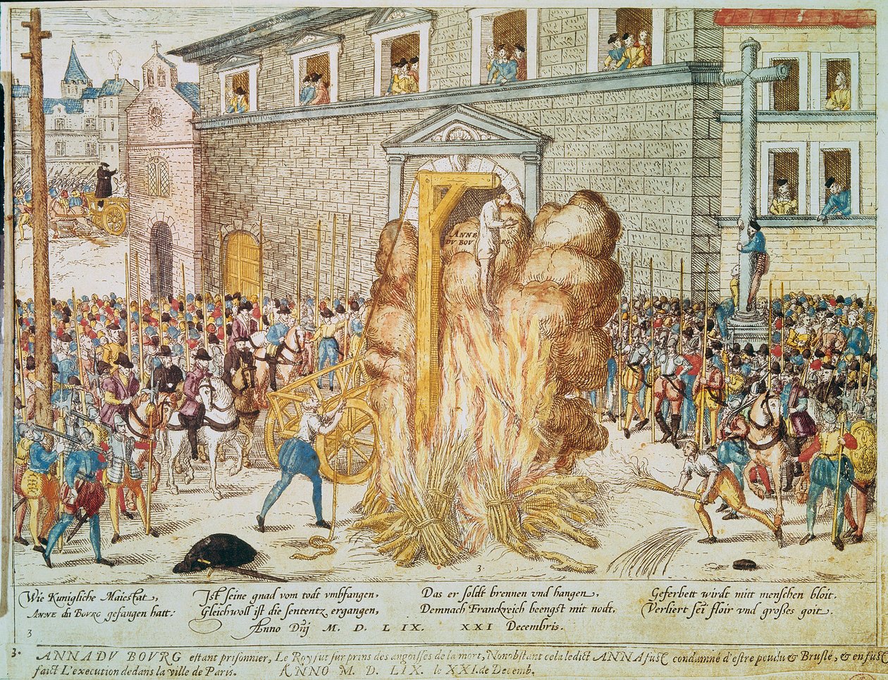 الحرب الدينية: إعدام القاضية البروتستانتية الفرنسية آن دو بورغ (1521-1559) في 23/12/1559 في بلاس دي غريف في باريس " بواسطة فرانز هوجينبرغ