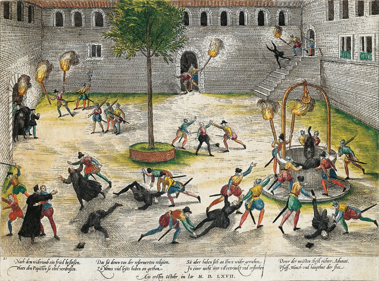 الانتقام من قبل الإصلاح ضد كنسية نيم ، أكتوبر 1567 ، نقش فرانز هوغنبرغ (1535 إلى 1590) ، حروب الدين ، فرنسا بواسطة فرانز هوجينبرغ