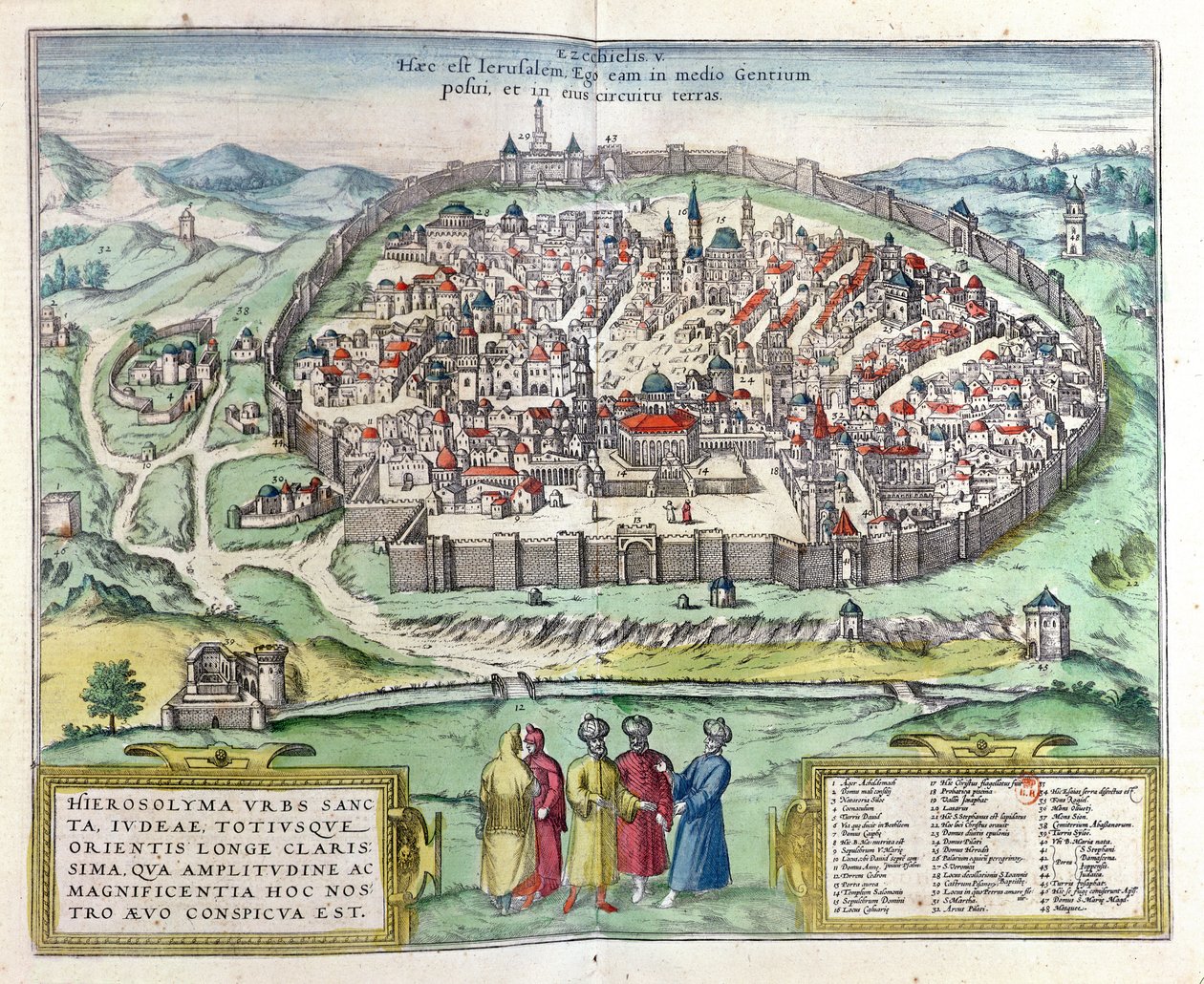 منظر للقدس ، من أطلس `` Le Theatre des Cites du Monde &39;&39; بواسطة جورج براون ، نشر كولونيا ، 1599 (نقش الألوان) بواسطة فرانز هوجينبرغ