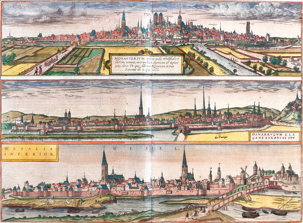 منظر لمونستر (Monasterium) ، أوسنابروك (Osnabrugum) و Wesel (Weselia) ، ألمانيا (نقش بواسطة فرانز هوجينبرغ
