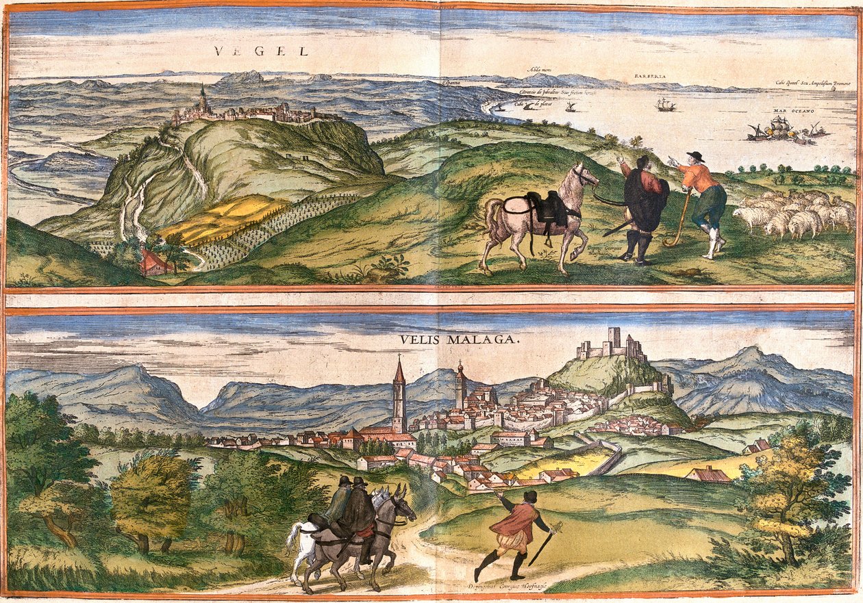 منظر لـ Vejer de la Frontera (Vegel) و Velez Malaga (Velis Malaga) ، إسبانيا (الحفر بواسطة فرانز هوجينبرغ