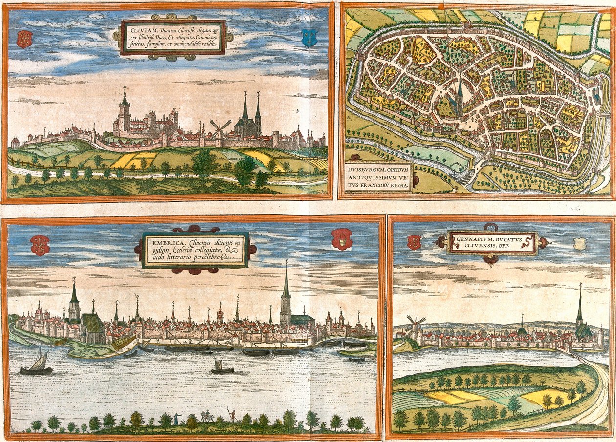 وجهات نظر وخطط Cleves (Cliviam) و Duisburg (Duisburgum) و Emmerich am Rhein (Embrica) في ألمانيا و Genappe في بلجيكا (الحفر بواسطة فرانز هوجينبرغ
