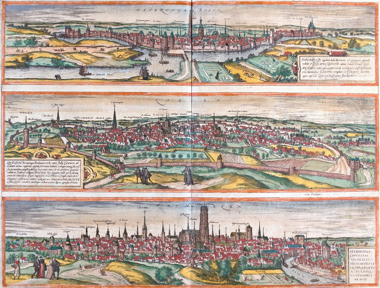 مناظر لـ Bois le Duc (Buscumducis) ، في هولندا ، و Leuven (Lovanium) و Machelen (Mechlineen) في بلجيكا (الحفر بواسطة فرانز هوجينبرغ