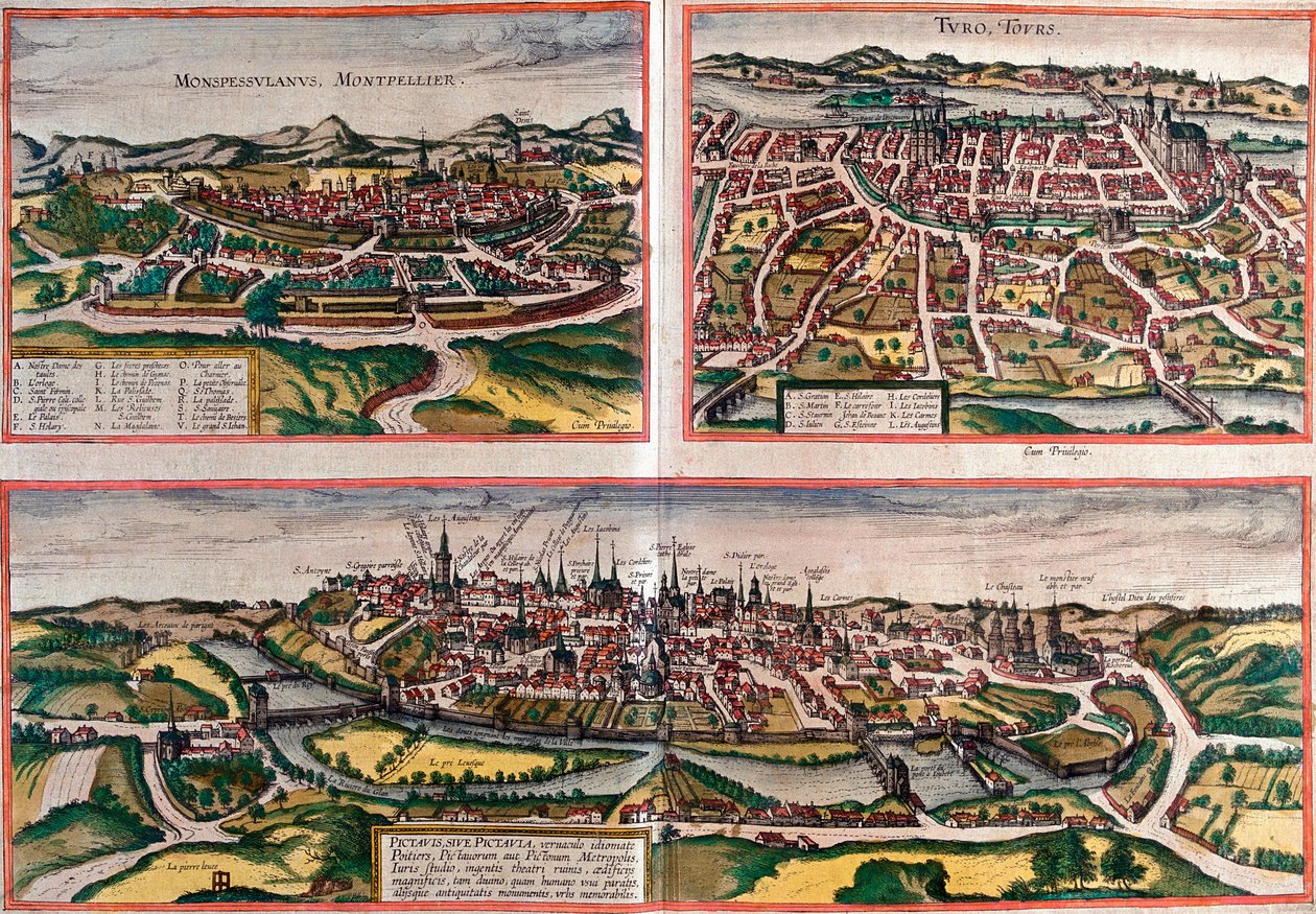 مناظر لمونبلييه (Monspessulanus) ، جولات (Turo) و Poitiers (Pictavis) ، فرنسا (نقش بواسطة فرانز هوجينبرغ