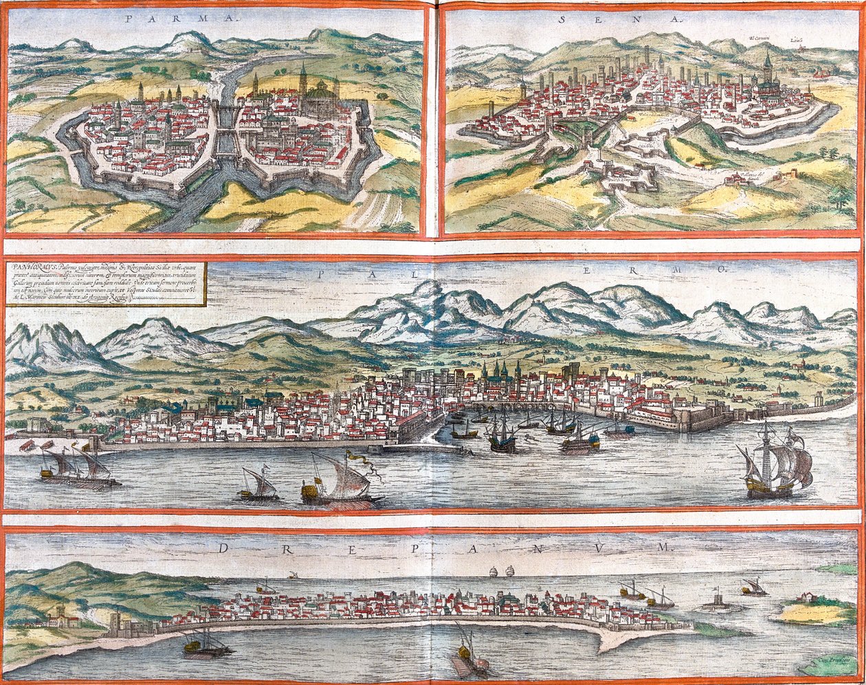 مناظر لبارما (بارما) وسيينا (سينا) وباليرمو (بانهورموس) وتراباني (دريبانوم) (صقلية) وإيطاليا (نقش) بواسطة فرانز هوجينبرغ