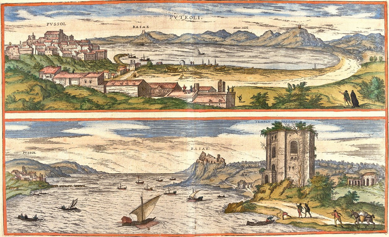 مناظر لبوزولي (بوتولي) والخلجان (بايا) (بايا الحالية) ، إيطاليا ، مع البقايا القديمة للحمامات الحرارية لخليج نابولي وقلعة (نقش بواسطة فرانز هوجينبرغ