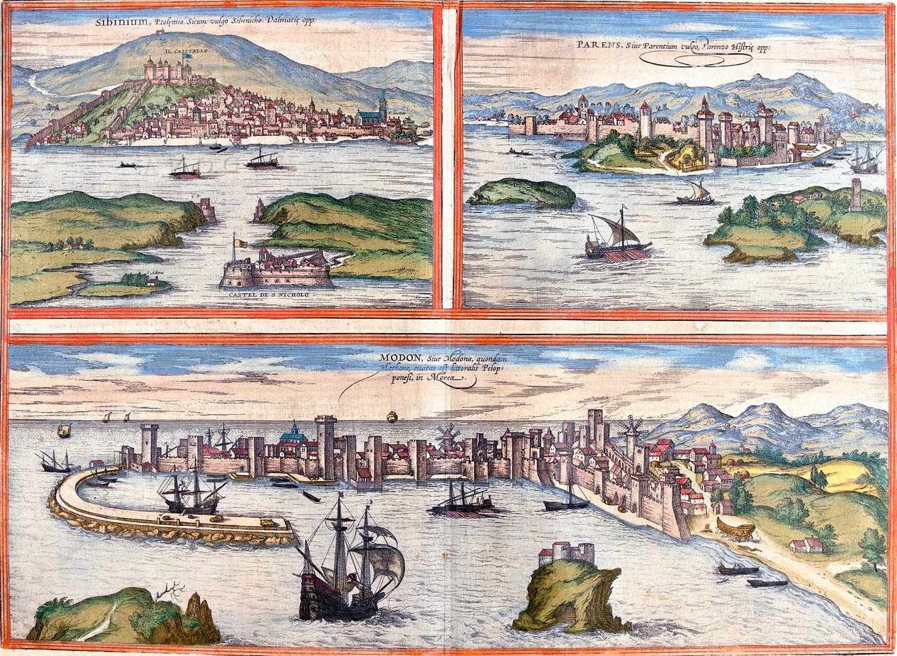 مناظر Sibenik (Sibinium ، Sibenicho) ، Porec (Parens ، Parentium) ، كرواتيا ومودون (مودونا) ، اليونان (الحفر بواسطة فرانز هوجينبرغ