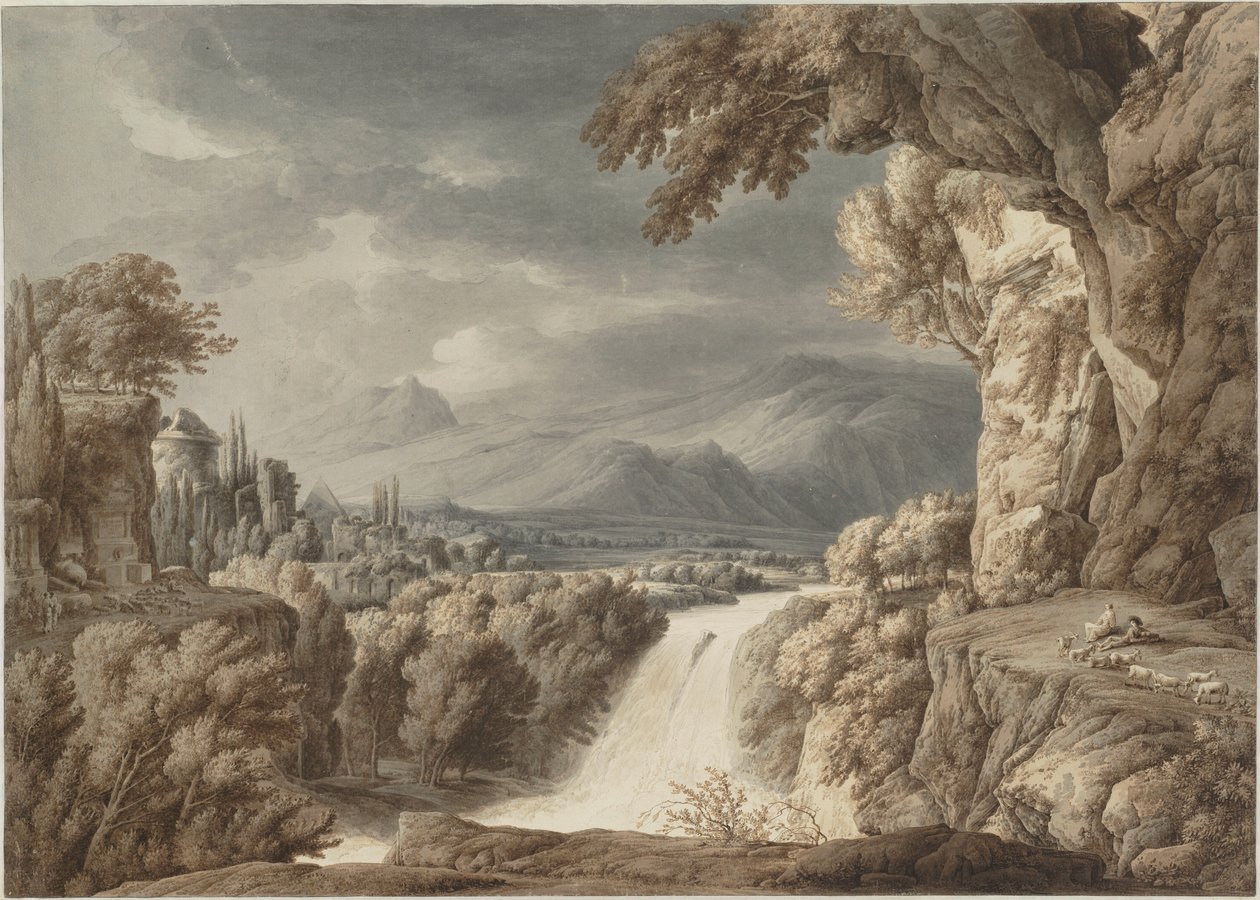 منظر بطولي مع شلال ، ج. 1790. بواسطة فرانز إنوسينز جوزيف كوبيل