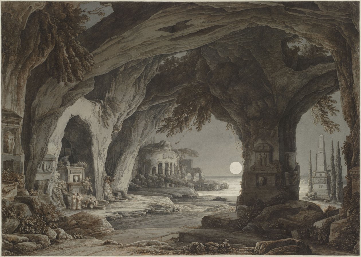 المناظر الطبيعية المثالية مع الكهف الصخري والمقابر والآثار في ضوء القمر ، ج. 1790. بواسطة فرانز إنوسينز جوزيف كوبيل