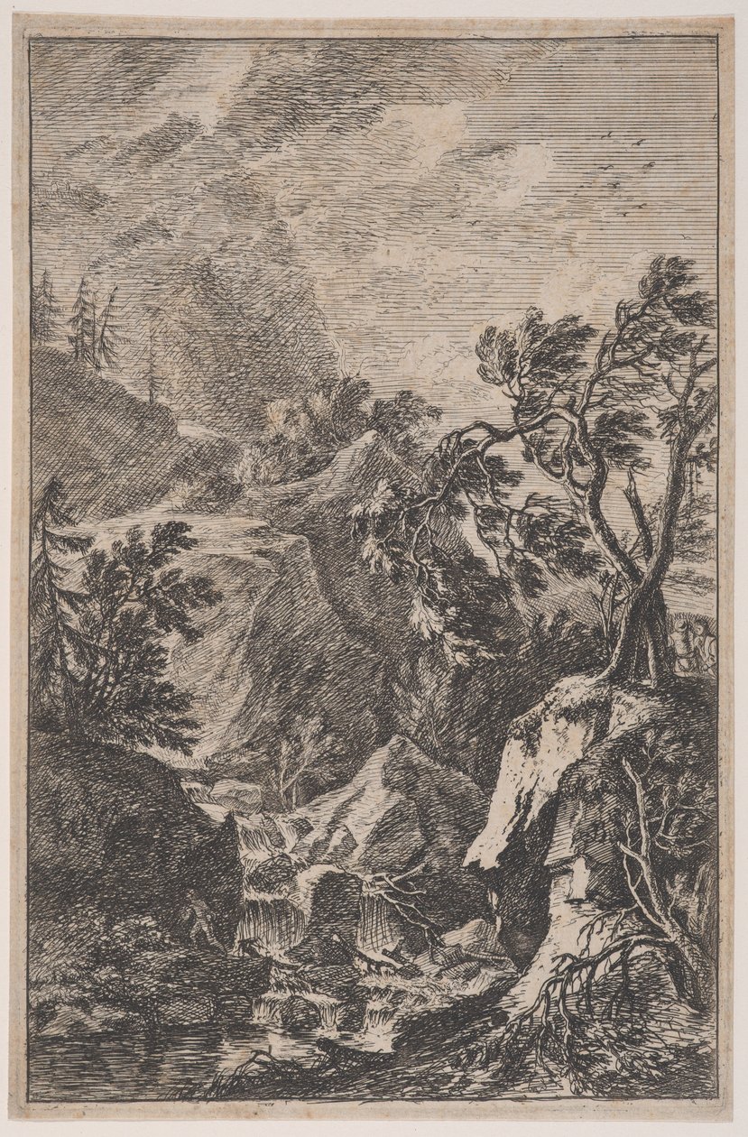 اللوحة 6: شخصان ذكران يقفان على صخرة إلى اليمين ، وشلال في المنتصف مع ... ، كاليفورنيا. 1700-25. بواسطة فرانز يواكيم بيتش