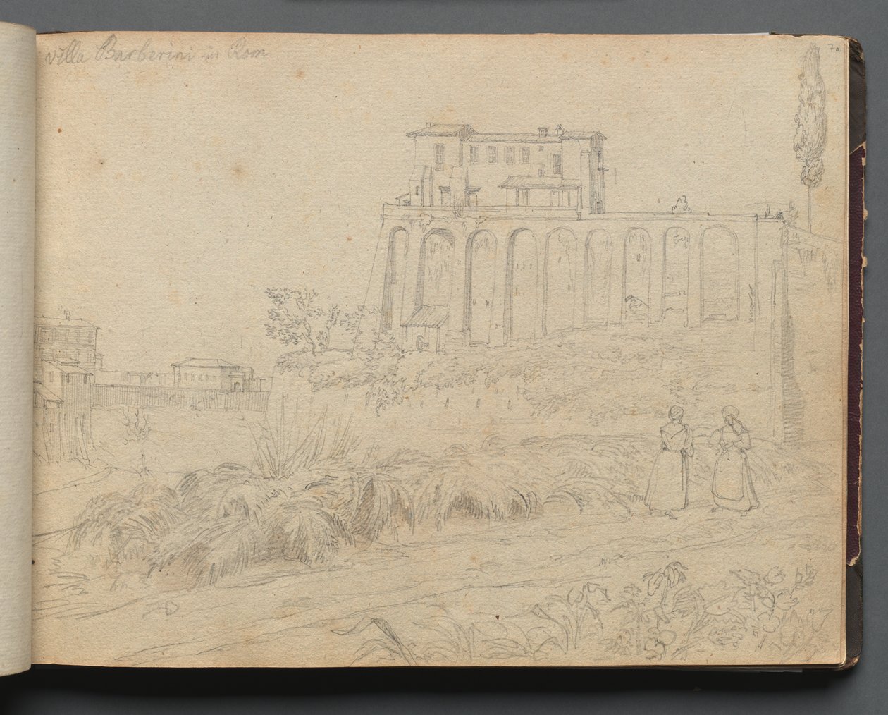 ألبوم مع مناظر لروما والمناطق المحيطة بها ، دراسات المناظر الطبيعية ، الصفحة 07 أ: "Villla Barberini in Rome" بواسطة فرانز يوهان هاينريش نادورب