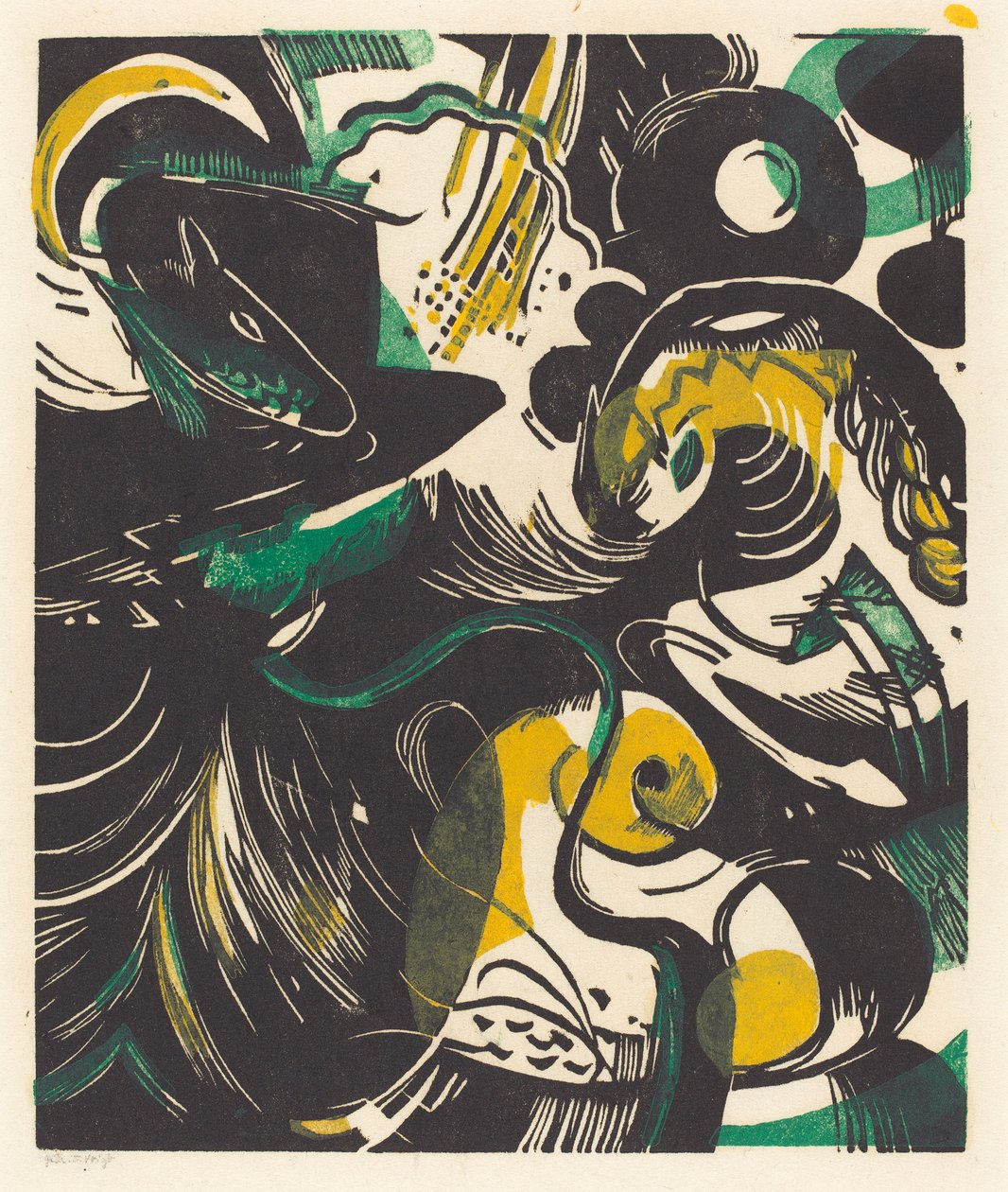 تكوين الثاني (Schopfungsgeschichte II) ، 1914 (قطع خشبية باللون الأصفر والأسود والأخضر) بواسطة فرانز مارك