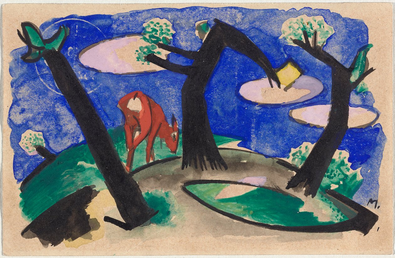 منظر طبيعي به حيوان أحمر ، بطاقة بريدية من Sindelsdorf إلى Alfred Kubin في Wernstein / Zwickledt بواسطة فرانز مارك