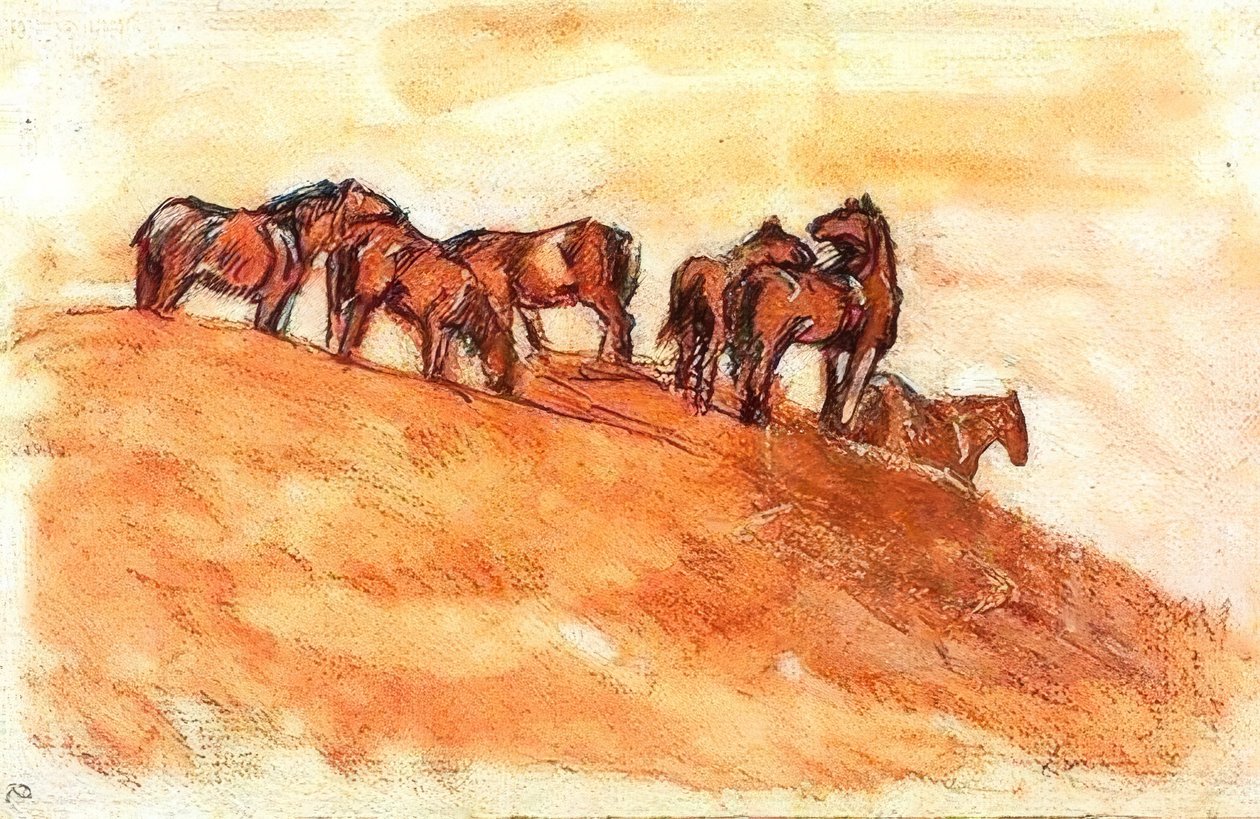 الخيول تقف ضد الهواء على مستوى الجبل بواسطة فرانز مارك
