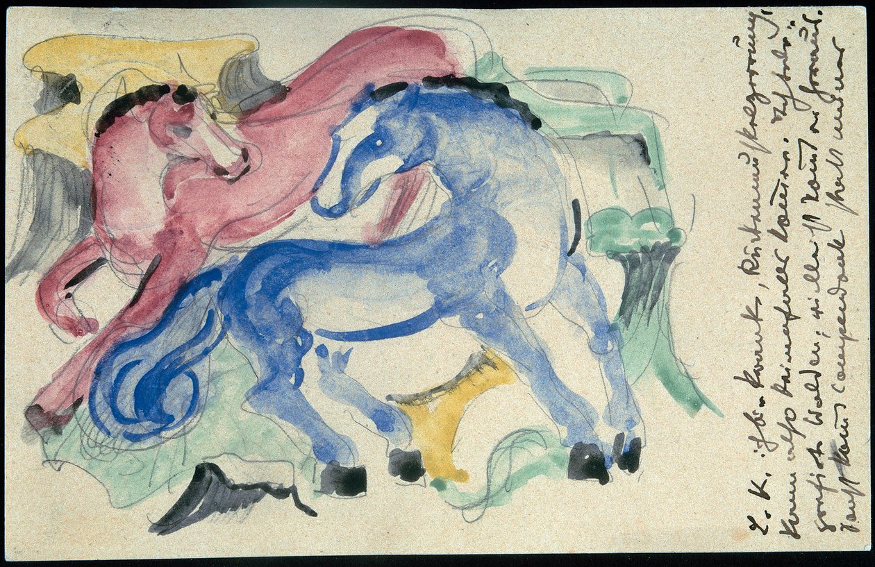 "الحصان الأحمر والأزرق" ، فرانز مارك من Sindelsdorf إلى Wassily Kandinsky في ميونيخ: بطاقة بريدية ، ختم بريد 5 أبريل 1913 بواسطة فرانز مارك