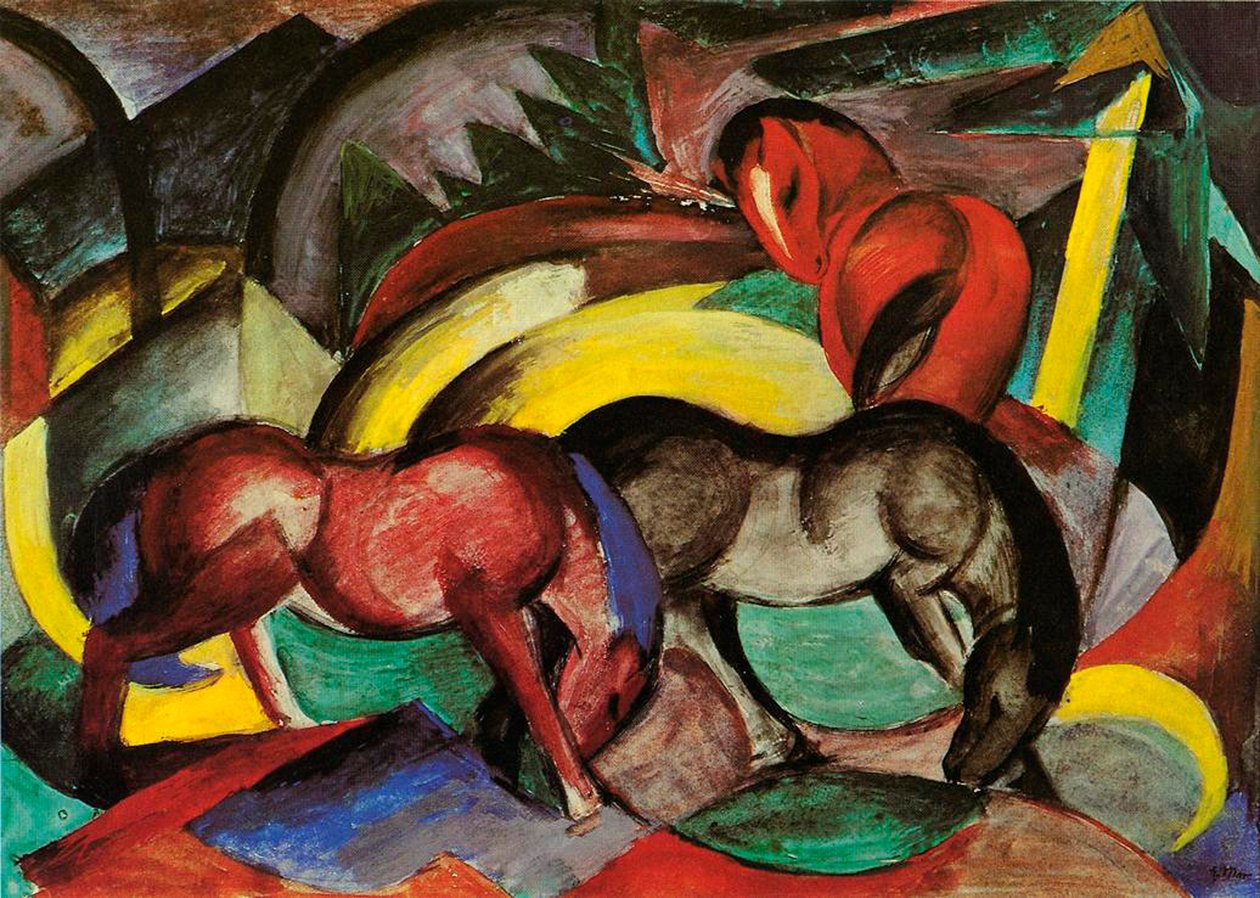 ثلاثة خيول ، 1912 (وسائط مختلطة على الورق) بواسطة فرانز مارك