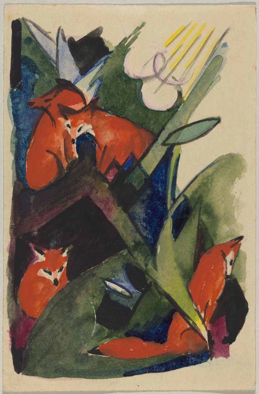 "أربعة ثعالب" ، فرانز مارك من Sindelsdorf إلى Wassily Kandinsky في ميونيخ: بطاقة بريدية ، ختم بريد 4 فبراير 1913 بواسطة فرانز مارك