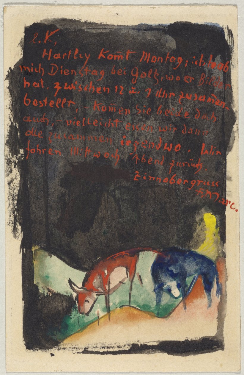"Zinnobergrüss" ، فرانز مارك من Sindelsdorf إلى Wassily Kandinsky في ميونيخ: بطاقة بريدية ، ختم بريد 19 أبريل 1913 بواسطة فرانز مارك