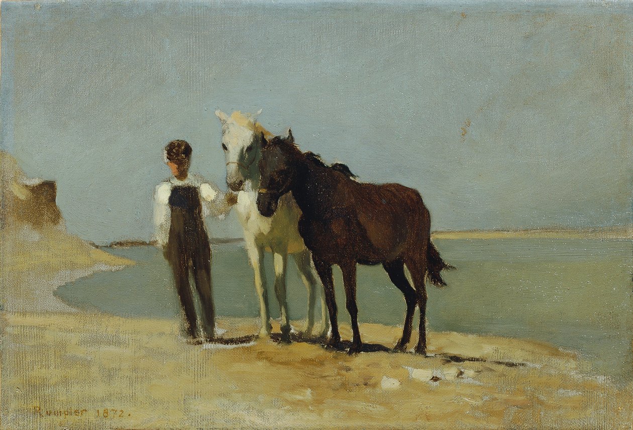 صبي مع الخيول على الشاطئ بواسطة فرانز رومبلر