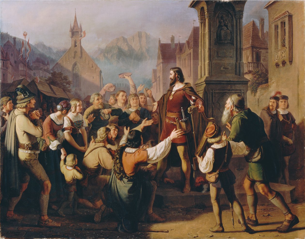 دوق فريدريش الرابع ، متنكرا في زي المنشد ، يكشف عن نفسه لأتباعه التيروليين ... ، 1851. بواسطة فرانز شمس