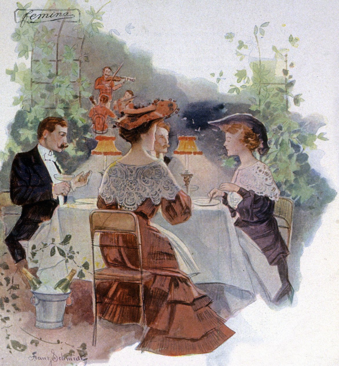 عشاء في مطعم في Bois de Boulogne ، حوالي عام 1900 (رسم توضيحي بواسطة فرانز شميدت