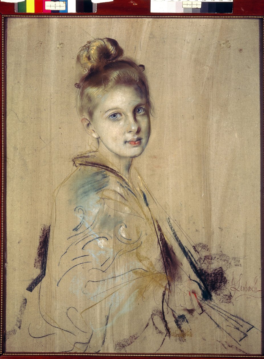 فتاة صغيرة مع مروحة (Girl With A Fan). عمل لفرانز فون لينباخ (1836-1904) ، باستيل على ورق مقوى ، حوالي عام 1880. الفن الألماني في القرن التاسع عشر. متحف الأرميتاج ، سانت بطرسبرغ. بواسطة فرانز سيراف فون لينباخ