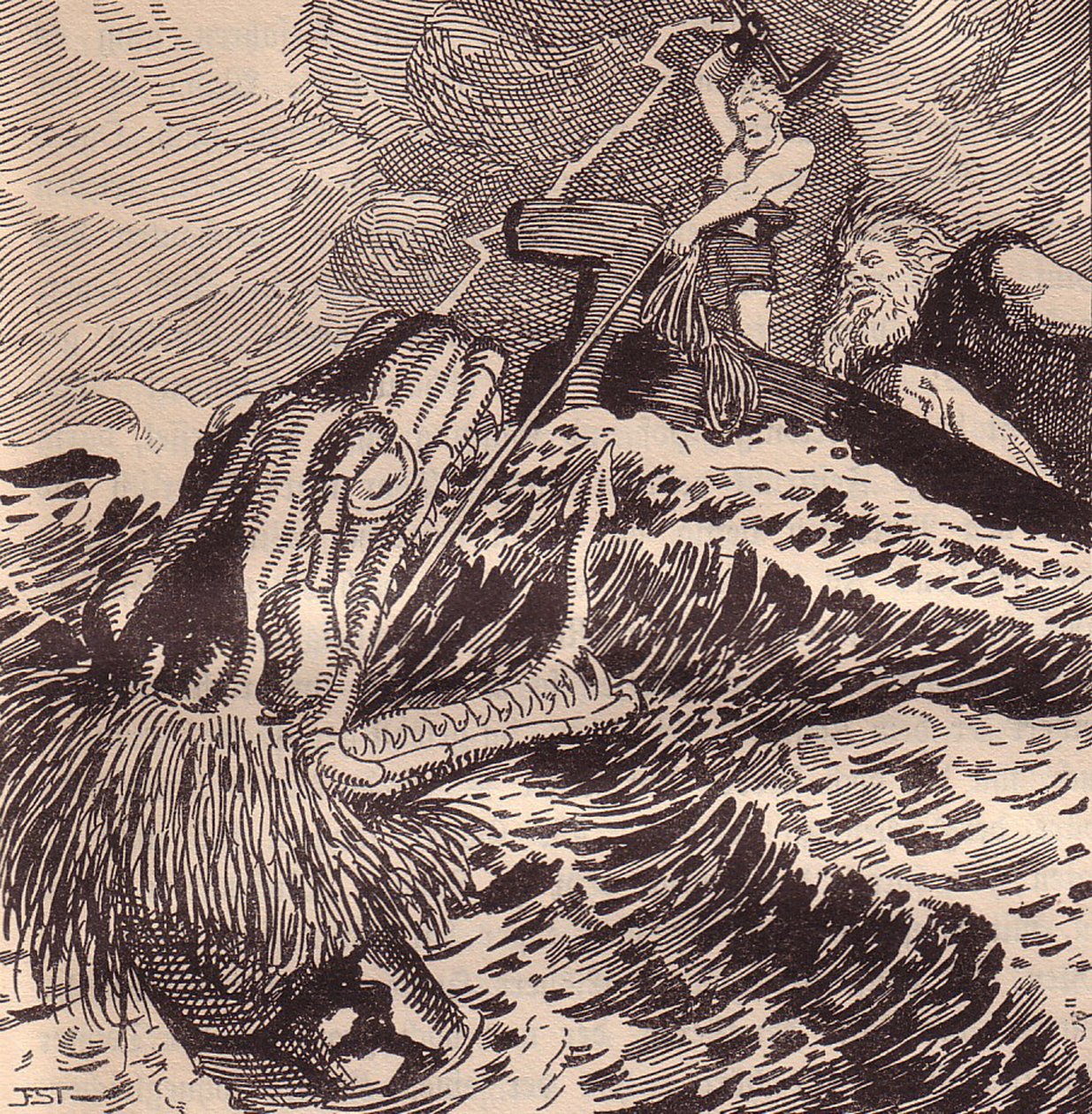 صيد ثور وهيمير. رسم توضيحي لـ Edda: الآلهة والأبطال الجرمانيون من تأليف Hans von Wolzogen بواسطة فرانز ستاسين