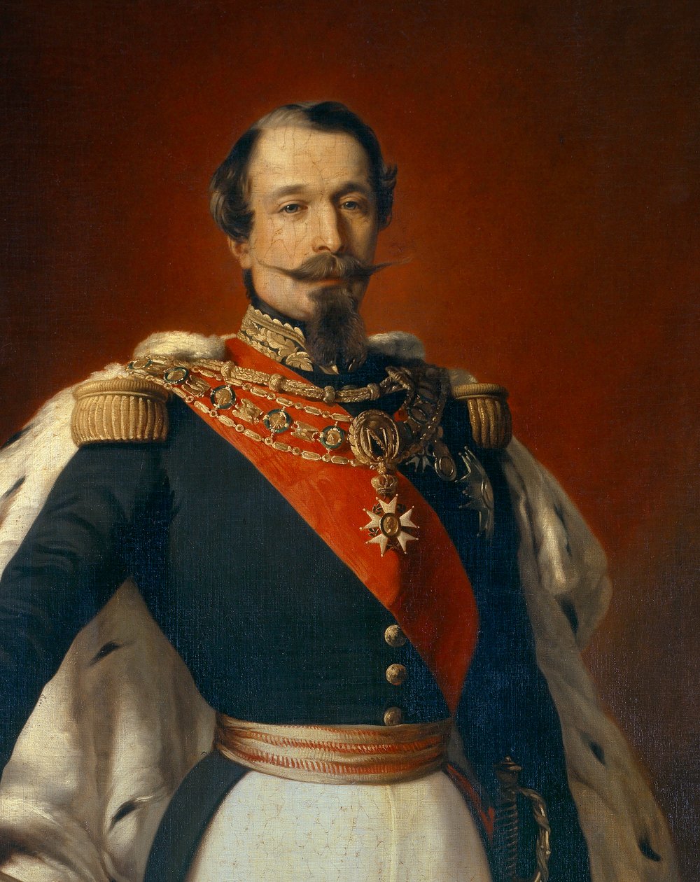 صورة لنابليون الثالث (1808-1873) ، إمبراطور الفرنسيين أمام منظر من قلعة سانت كلود. تفاصيل لوحة فرانز زافير وينترهالتر (1806-1873) 1855 Dim. 2،4x1،5 م بواسطة فرانز كزافييه وينترهالتر (بعد)