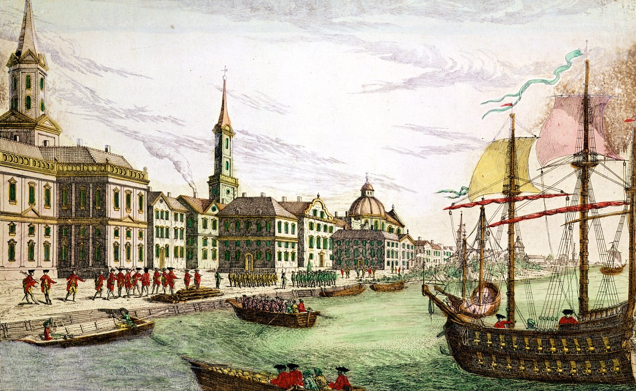 إنزال القوات الإنجليزية في نيويورك ، 29 يونيو 1776 (نقش ملون) بواسطة فرانز كزافييه هابرمان