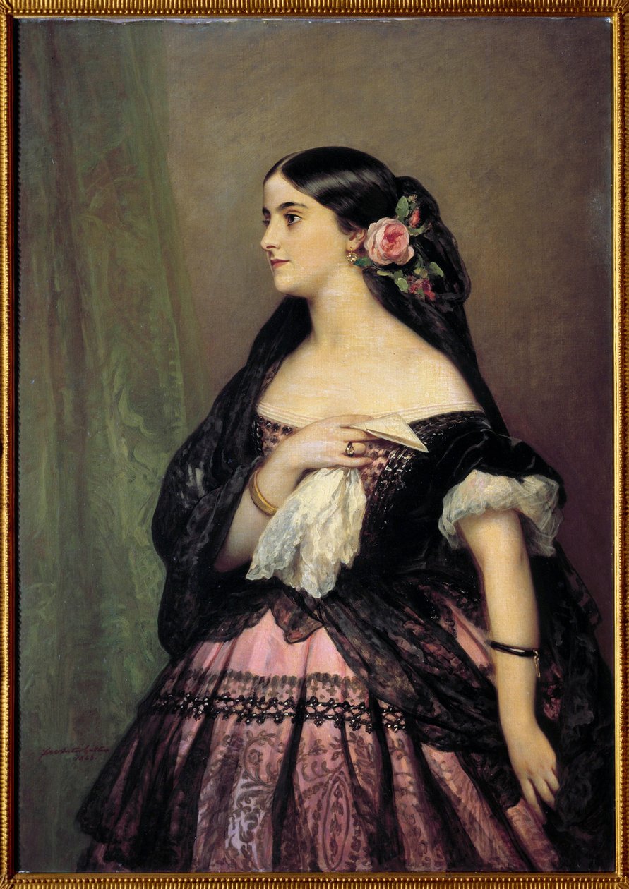 أديلينا باتي. صورة للمغنية أديلينا باتي (1843-1919) ، السوبرانو الإسبانية تفسر دور روزين في "باربير دي سيفيليا" (حلاق إشبيلية) لجياشينو روسيني. لوحة زافير وينترهالتر (1806-1873) بواسطة فرانز كزافييه وينترهالتر