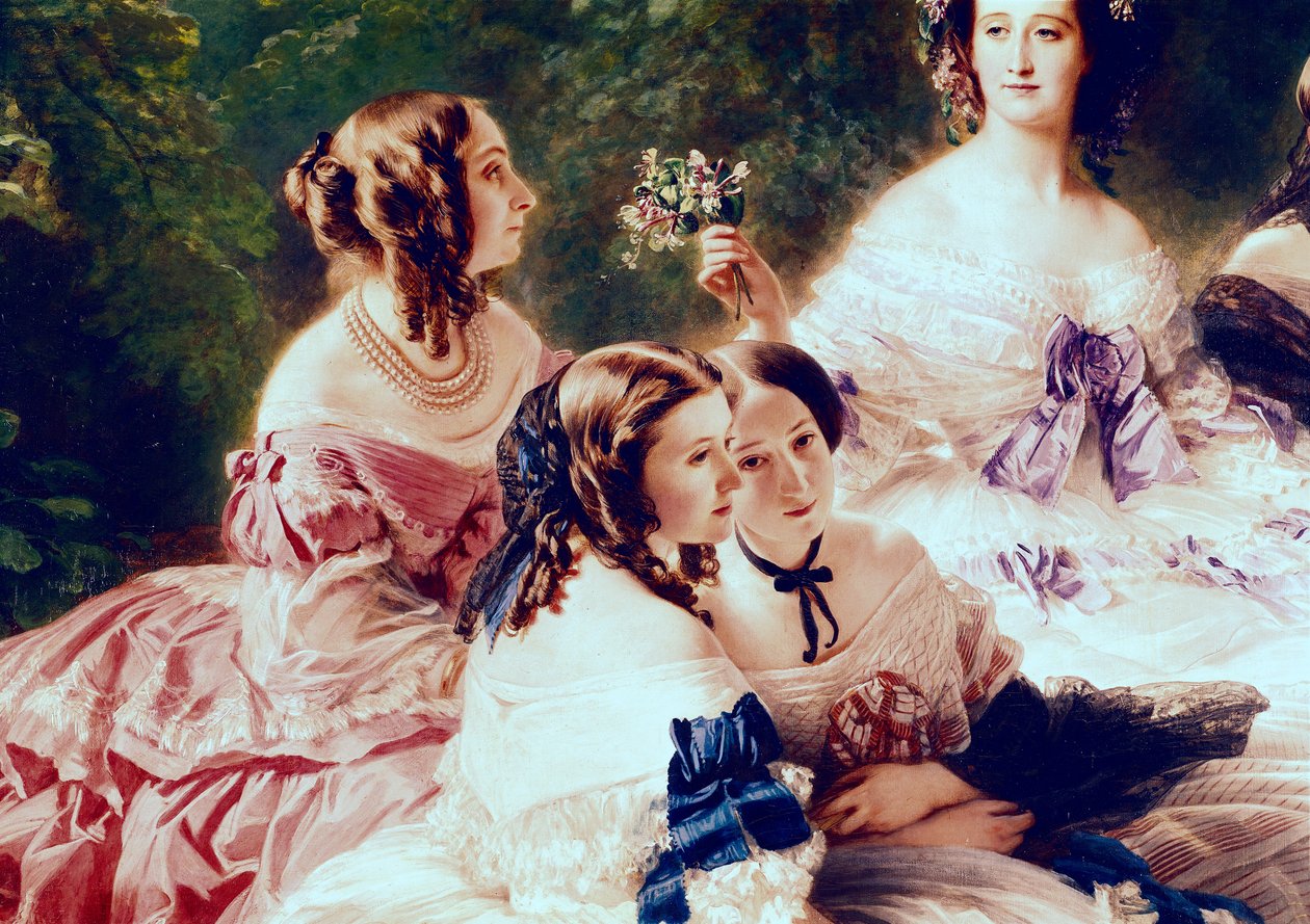 الإمبراطورة أوجيني (1826-1920) وسيداتها في الانتظار ، تفاصيل أميرة إيسلينج ، بارونة بييرز وفيكونتيسة ليزاي مارنيسيا ، 1855 بواسطة فرانز كزافييه وينترهالتر