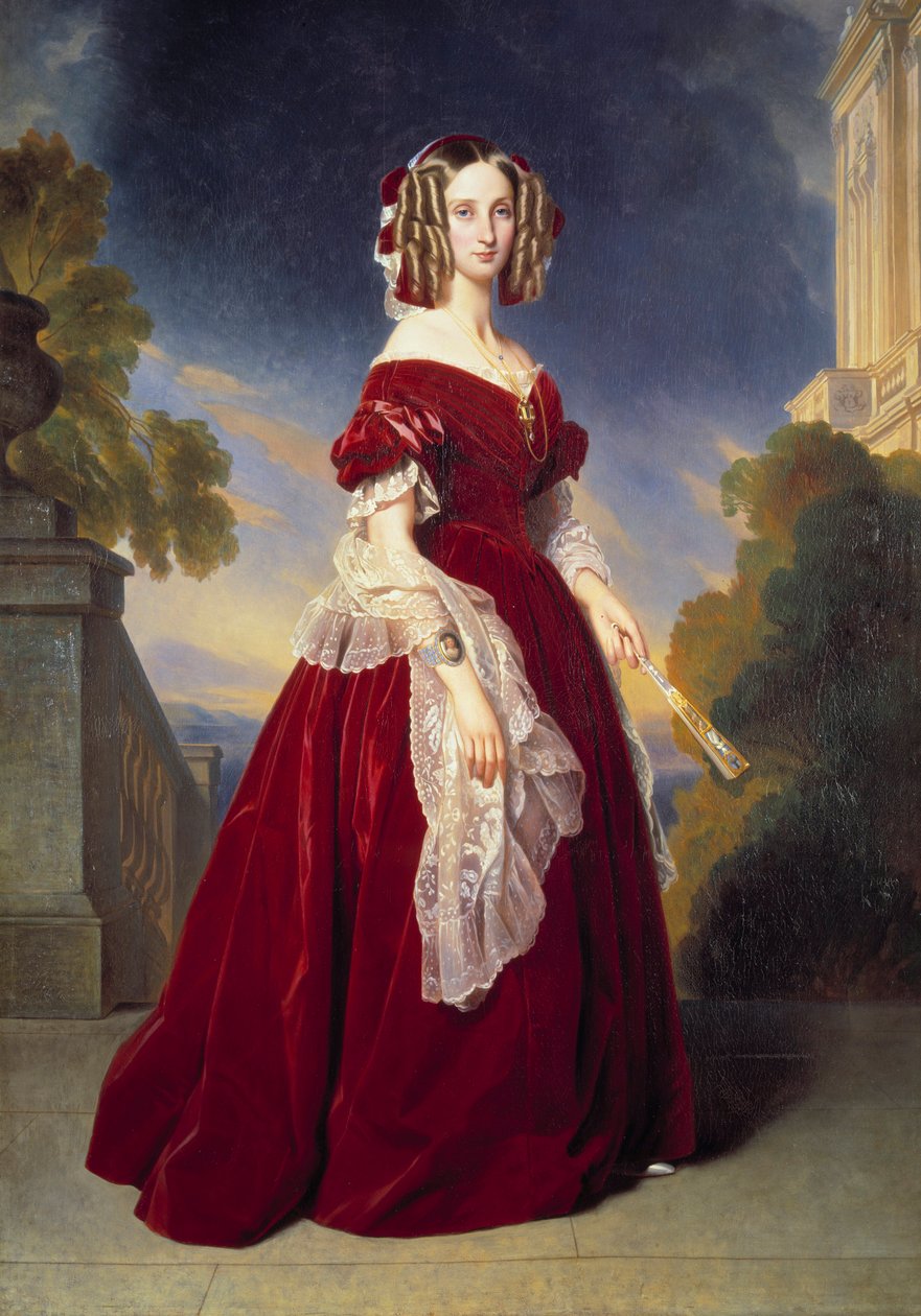 Portrait en pied de Louise Marie Therese Charlotte Isabelle d'Orleans، Queen of the Belgians (1812-1850) لوحة رسمها Xaver Winterhalter (1806-1873) 1841 Sun. 2.15x1.4 م بواسطة فرانز كزافييه وينترهالتر