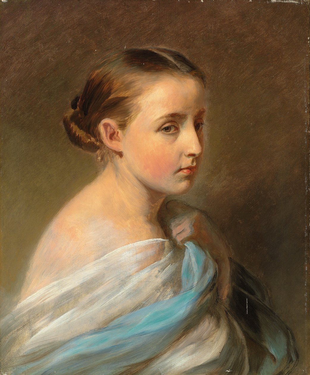 صورة لفتاة ، رأس وكتفين ، ملفوفة بغطاء أزرق وأبيض ، c.1850 بواسطة فرانز كزافييه وينترهالتر