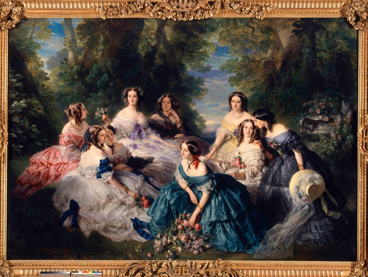 أحاطت الإمبراطورة أوجيني (1826-1920) في عام 1855 بسيدات الشرف في القصر. أسفل اليسار إلى اليمين: أميرة إسلينج ، السيدة العظيمة ؛ بارونة الحجارة ، Viscountess Lezay-Marnezia (Lezay Marnezia) ؛ ماركيز مونتيبيلو (ملكة جمال دي فيلنوف). ل بواسطة فرانز كزافييه وينترهالتر