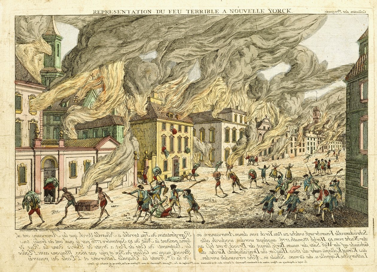 منظر لنيويورك أثناء الحريق العظيم عام 1776 ؛ تمثيل du Fue Terrible a Nouvelle York ، 1780 بواسطة فرانز كزافييه هابرمان