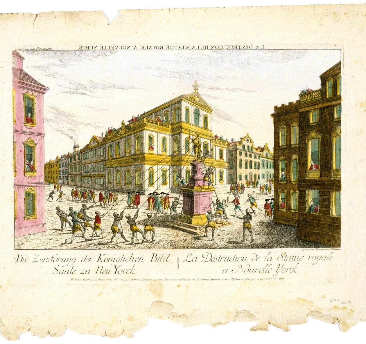 Vue d&39;Optique - The Destruction of the Royal Image Column zu Neu Yorc (منظر بصري - تدمير التمثال الملكي في نيويورك) ، ج. 1776 (حفر ونقش بألوان مائية متعددة الألوان على ورق مضلع) بواسطة فرانز كزافييه هابرمان