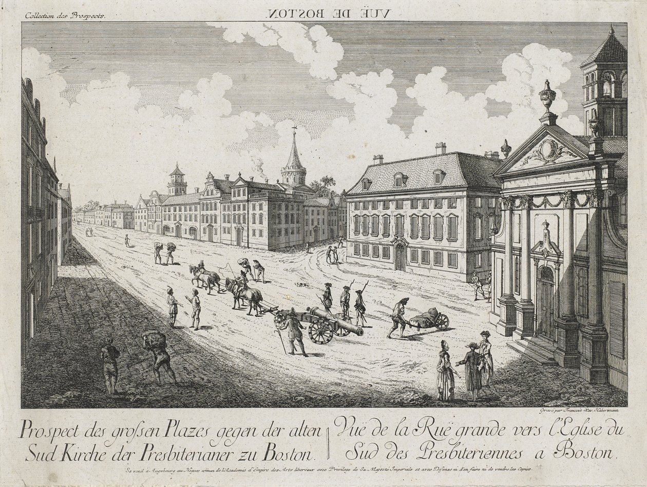 Vue d&39;Optique - Prospect des grossen Plazes gegen der Alten Sud Kirche der Presbiterianer zu Boston (منظر بصري - منظر للمربعات الكبيرة باتجاه الكنيسة المشيخية الجنوبية القديمة في بوسطن) ، ج. 1776 (حفر ونقش ، غير ملون على ورق مضغوط) بواسطة فرانز كزافييه هابرمان