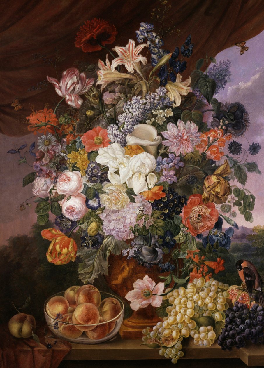 فاكهة وأزهار على حافة منظر طبيعي. لوحة لفرانز زافير بيتر (1791-1866) مجموعة خاصة. بواسطة فرانز كزافييه بيتر